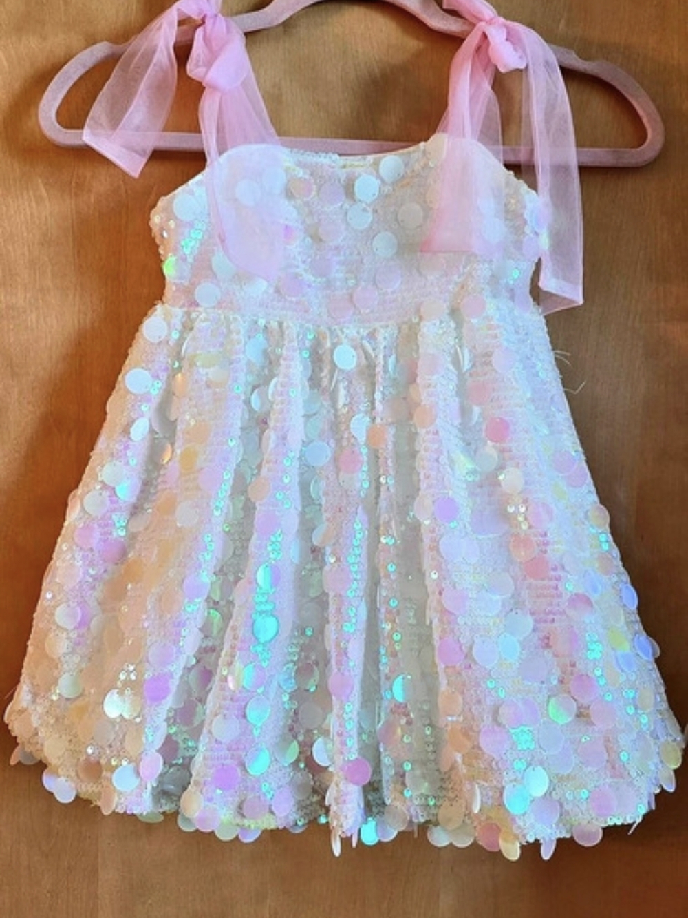 2Bunnies Iridescent Paillette Sequin Tie-Shoulder Fit & Flare Dress Pink & White